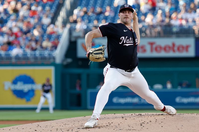 Jun 6, 2024; Washington, District of Columbia, USA; Washington Nationals starting pitcher Mitchell Parker (70) pitches against the Atlanta Braves during the second inning at Nationals Park. Mandatory Credit: Geoff Burke-USA TODAY Sports