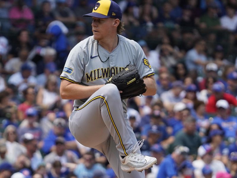 Jul 24, 2024; Chicago, Illinois, USA; Milwaukee Brewers pitcher Rob Zastryzny (58) throws against the Chicago Cubs during the first inning at Wrigley Field. Mandatory Credit: David Banks-USA TODAY Sports