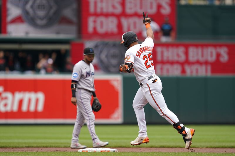 Jul 16, 2023; Baltimore, Maryland, USA; Baltimore Orioles  outfielder Anthony Santander (25) rounds the bases following his two run home run in the first inning against the Miami Marlins at Oriole Park at Camden Yards. Mandatory Credit: Mitch Stringer-USA TODAY Sports