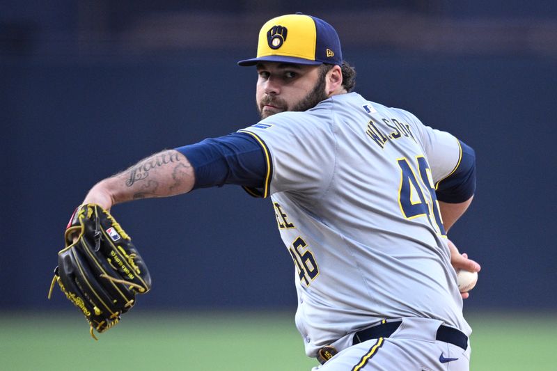 Jun 20, 2024; San Diego, California, USA; Milwaukee Brewers starting pitcher Bryse Wilson (46) pitches against the San Diego Padres during the first inning at Petco Park. Mandatory Credit: Orlando Ramirez-USA TODAY Sports