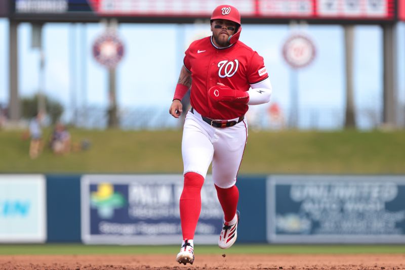Mar 5, 2026; West Palm Beach, Florida, USA; Washington Nationals first baseman Andres Chaparro (87) rounds the bases after a home run by third baseman Jose Tena (not pictured) against the New York Mets during the second inning at CACTI Park of the Palm Beaches. Mandatory Credit: Sam Navarro-Imagn Images