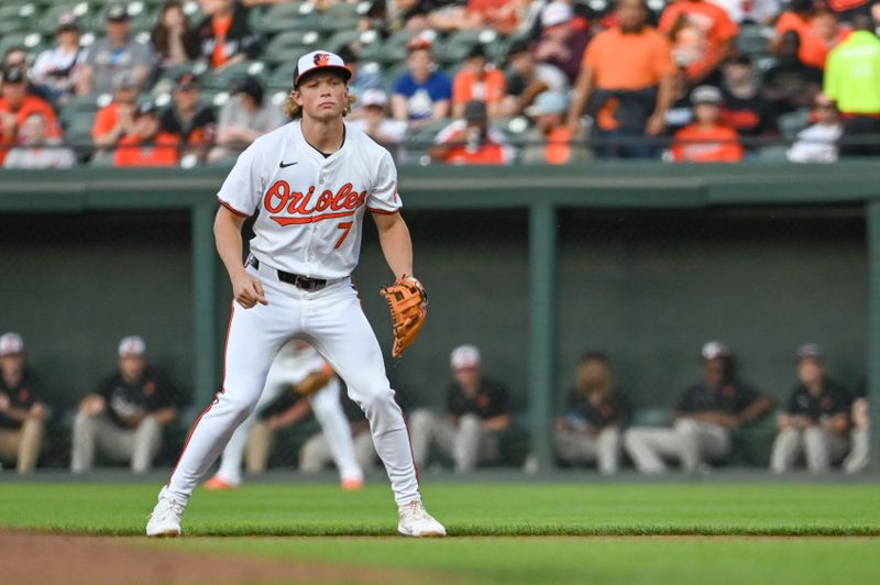 Apr 16, 2024; Baltimore, Maryland, USA; Baltimore Orioles second baseman Jackson Holliday (7)  stands in his defensive position during the second inning against the Minnesota Twins  at Oriole Park at Camden Yards. Mandatory Credit: Tommy Gilligan-USA TODAY Sports