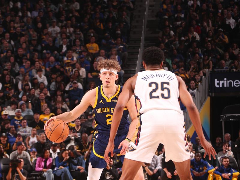 SAN FRANCISCO, CA - APRIL 12:Brandin Podziemski #2 of the Golden State Warriors dribbles the ball during the game against the New Orleans Pelicans on April 12, 2024 at Chase Center in San Francisco, California. NOTE TO USER: User expressly acknowledges and agrees that, by downloading and or using this photograph, user is consenting to the terms and conditions of Getty Images License Agreement. Mandatory Copyright Notice: Copyright 2024 NBAE (Photo by Jed Jacobsohn/NBAE via Getty Images)