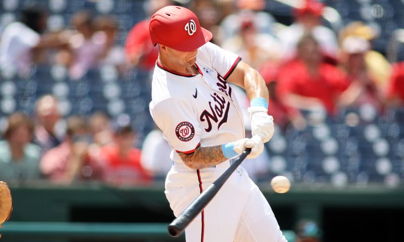 Jun 16, 2024; Washington, District of Columbia, USA; Washington Nationals third base Nick Senzel (13) grounds into a force out during the sixth inning in a game against the Miami Marlins at Nationals Park. Mandatory Credit: Daniel Kucin Jr.-USA TODAY Sports