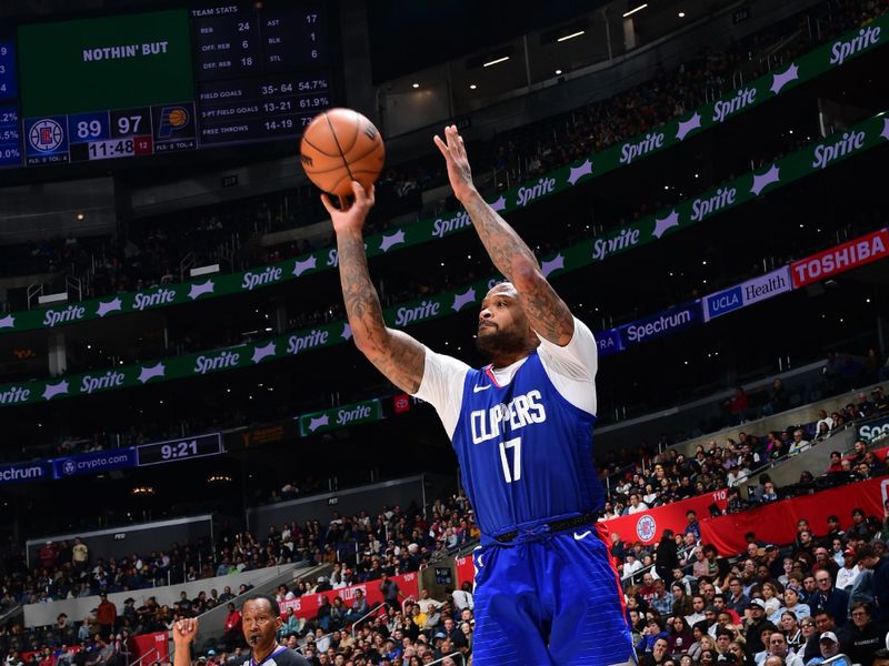 LOS ANGELES, CA - MARCH 25: PJ Tucker #17 of the LA Clippers shoots the ball during the game against the Indiana Pacers on March 25, 2024 at Crypto.Com Arena in Los Angeles, California. NOTE TO USER: User expressly acknowledges and agrees that, by downloading and/or using this Photograph, user is consenting to the terms and conditions of the Getty Images License Agreement. Mandatory Copyright Notice: Copyright 2024 NBAE (Photo by Adam Pantozzi/NBAE via Getty Images)