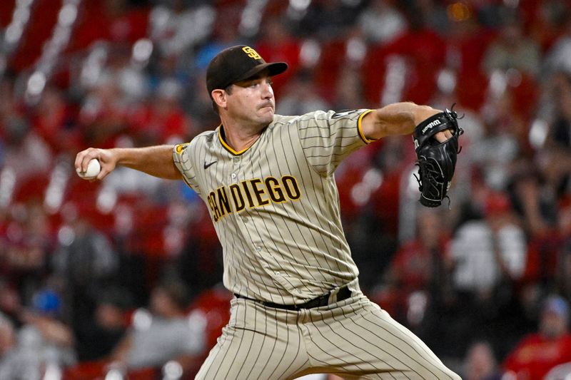 Aug 29, 2023; St. Louis, Missouri, USA;  San Diego Padres starting pitcher Seth Lugo (67) pitches against the St. Louis Cardinals during the sixth inning at Busch Stadium. Mandatory Credit: Jeff Curry-USA TODAY Sports