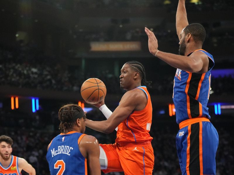 NEW YORK, NY - MARCH 31: Jalen Williams #8 of the Oklahoma City Thunder drives to the basket during the game against the New York Knicks on March 31, 2024 at Madison Square Garden in New York City, New York.  NOTE TO USER: User expressly acknowledges and agrees that, by downloading and or using this photograph, User is consenting to the terms and conditions of the Getty Images License Agreement. Mandatory Copyright Notice: Copyright 2024 NBAE  (Photo by Jesse D. Garrabrant/NBAE via Getty Images)