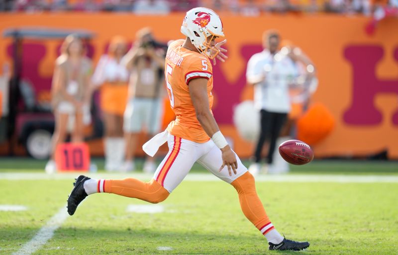 Tampa Bay Buccaneers' Jake Camarda punts against the Detroit Lions during the first half of an NFL football game Sunday, Oct. 15, 2023, in Tampa, Fla. (AP Photo/Chris O'Meara)