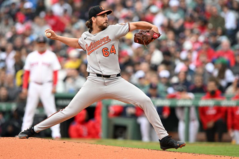 May 25, 2025; Boston, Massachusetts, USA; Baltimore Orioles starting pitcher Dean Kremer (64) pitches against the Boston Red Sox during the fourth inning at Fenway Park. Mandatory Credit: Brian Fluharty-Imagn Images