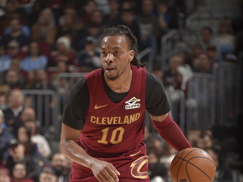 CLEVELAND, OH - JANUARY 5: Darius Garland #10 of the Cleveland Cavaliers handles the ball during the game against the Charlotte Hornets on January 5, 2025 at Rocket Mortgage FieldHouse in Cleveland, Ohio. NOTE TO USER: User expressly acknowledges and agrees that, by downloading and/or using this Photograph, user is consenting to the terms and conditions of the Getty Images License Agreement. Mandatory Copyright Notice: Copyright 2025 NBAE (Photo by David Liam Kyle/NBAE via Getty Images)