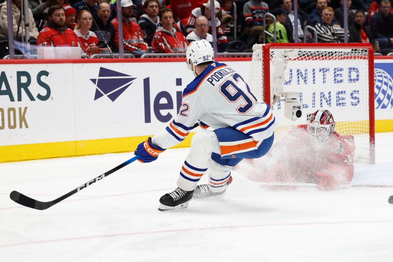 Nov 19, 2025; Washington, District of Columbia, USA; Washington Capitals goaltender Logan Thompson (48) makes a save against on Edmonton Oilers right wing Vasily Podkolzin (92) during the second period at Capital One Arena. Mandatory Credit: Geoff Burke-Imagn Images