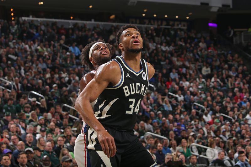 MILWAUKEE, WI - MARCH 14: Giannis Antetokounmpo #34 of the Milwaukee Bucks boxes out during the game against the Philadelphia 76ers on March 14, 2024 at the Fiserv Forum Center in Milwaukee, Wisconsin. NOTE TO USER: User expressly acknowledges and agrees that, by downloading and or using this Photograph, user is consenting to the terms and conditions of the Getty Images License Agreement. Mandatory Copyright Notice: Copyright 2024 NBAE (Photo by Gary Dineen/NBAE via Getty Images).