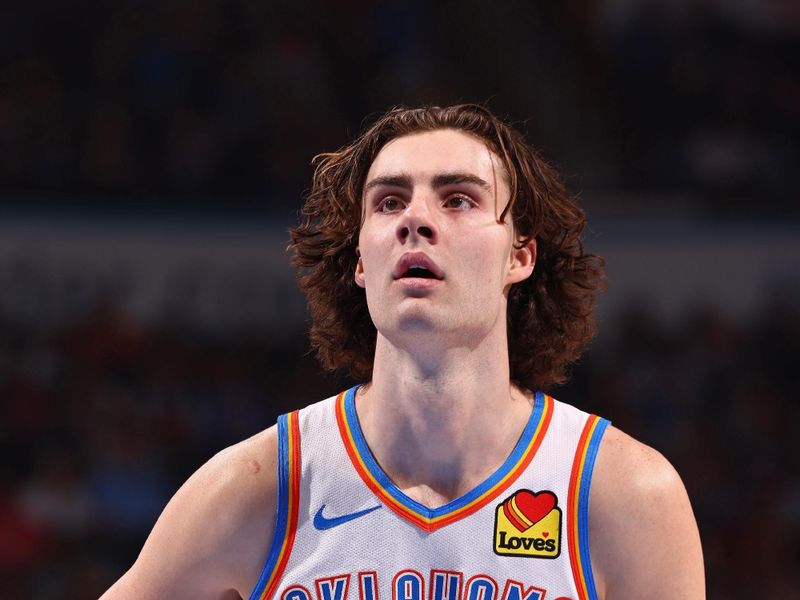 OKLAHOMA CITY, OK - FEBRUARY 23: Josh Giddey #3 of the Oklahoma City Thunder prepares to shoot a free throw during the game against the Washington Wizards on February 23, 2024 at Paycom Arena in Oklahoma City, Oklahoma. NOTE TO USER: User expressly acknowledges and agrees that, by downloading and or using this photograph, User is consenting to the terms and conditions of the Getty Images License Agreement. Mandatory Copyright Notice: Copyright 2024 NBAE (Photo by Zach Beeker/NBAE via Getty Images)