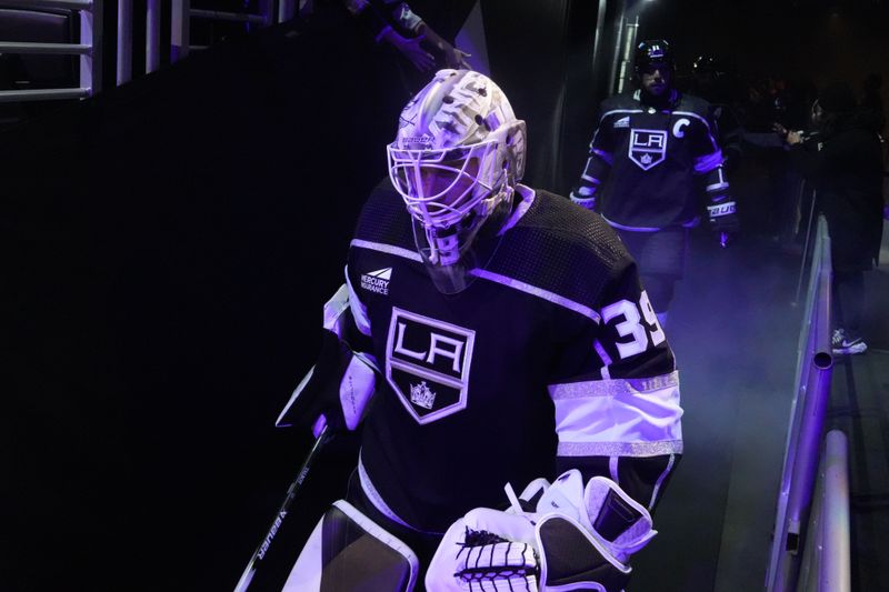 Apr 15, 2024; Los Angeles, California, USA; LA Kings goaltender Cam Talbot (39) enters the ice against the Minnesota Wild at Crypto.com Arena. Mandatory Credit: Kirby Lee-USA TODAY Sports