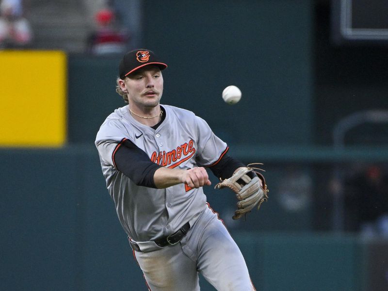 May 20, 2024; St. Louis, Missouri, USA;  Baltimore Orioles shortstop Gunnar Henderson (2) throws on the run against the St. Louis Cardinals during the third inning at Busch Stadium. Mandatory Credit: Jeff Curry-USA TODAY Sports