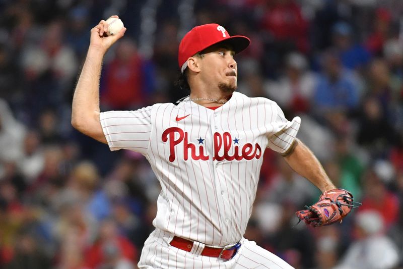 Sep 24, 2023; Philadelphia, Pennsylvania, USA; Philadelphia Phillies relief pitcher Orion Kerkering (50) throws a pitch during the eighth inning against the New York Mets at Citizens Bank Park. Mandatory Credit: Eric Hartline-USA TODAY Sports