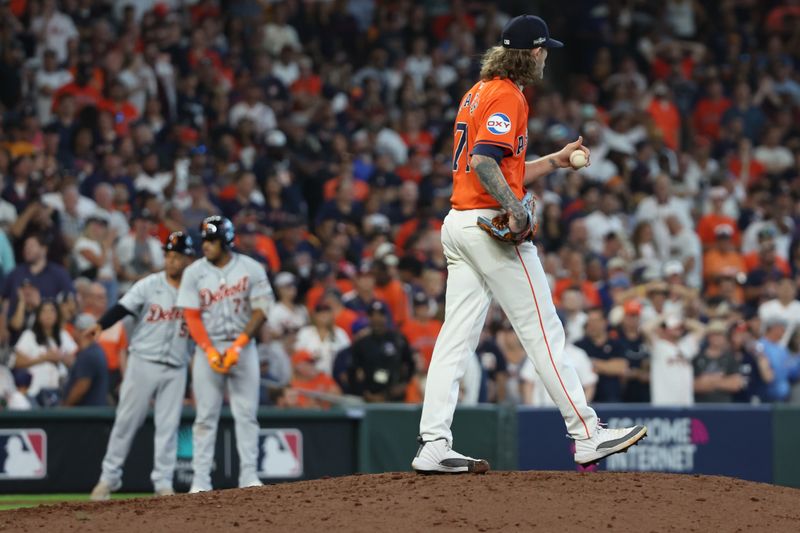 Oct 2, 2024; Houston, Texas, USA; Houston Astros pitcher Josh Hader (71) reacts after give up three runs against the Detroit Tigers during the eighth inning of game two of the Wildcard round for the 2024 MLB Playoffs at Minute Maid Park. Mandatory Credit: Thomas Shea-Imagn Images