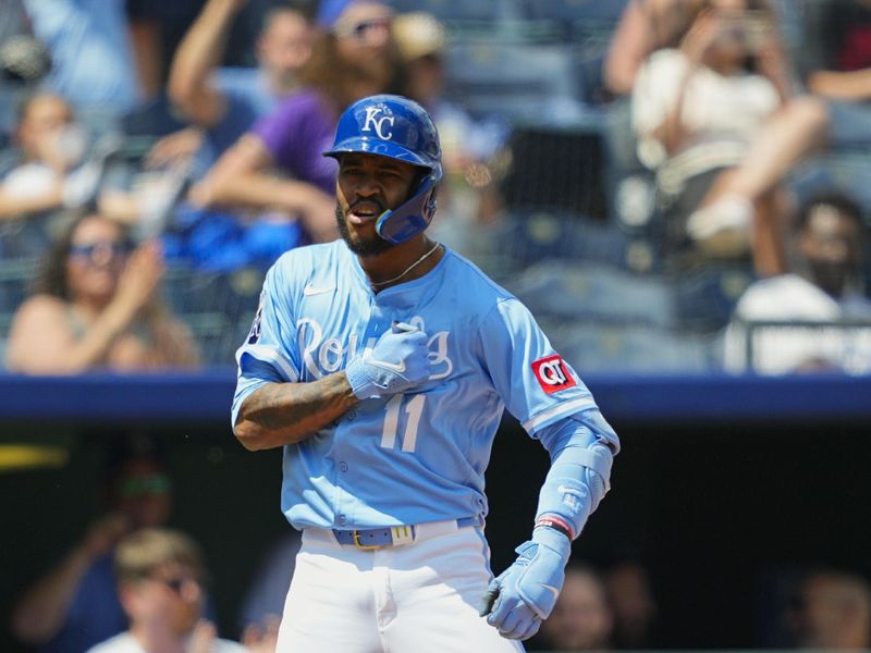 May 8, 2025; Kansas City, Missouri, USA; Kansas City Royals third baseman Maikel Garcia (11) reacts after hitting an RBI triple during the fifth inning against the Chicago White Sox at Kauffman Stadium. Mandatory Credit: Jay Biggerstaff-Imagn Images