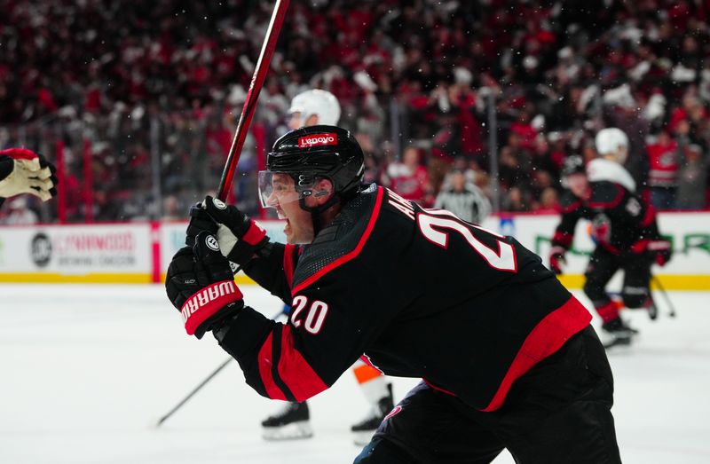 Apr 22, 2024; Raleigh, North Carolina, USA; Carolina Hurricanes center Sebastian Aho (20) celebrates his goal against the New York Islanders during the third period in game two of the first round of the 2024 Stanley Cup Playoffs at PNC Arena. Mandatory Credit: James Guillory-USA TODAY Sports