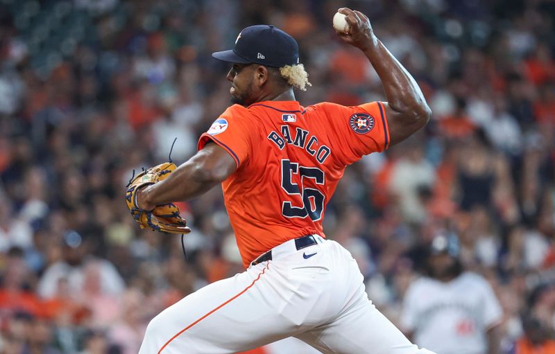 May 31, 2024; Houston, Texas, USA; Houston Astros starting pitcher Ronel Blanco (56) delivers a pitch during the first inning against the Minnesota Twins at Minute Maid Park. Mandatory Credit: Troy Taormina-USA TODAY Sports