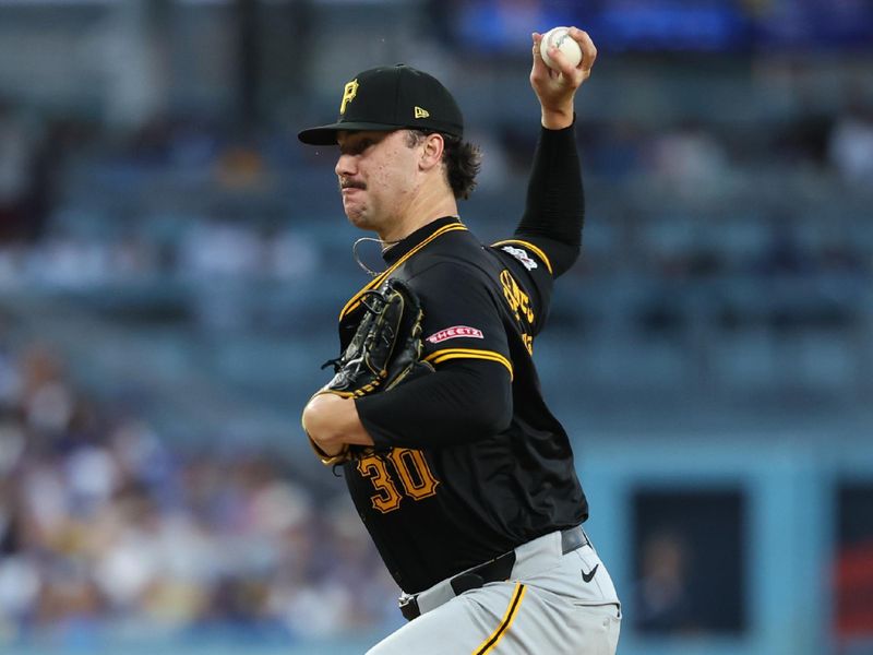 Aug 10, 2024; Los Angeles, California, USA;  Pittsburgh Pirates starting pitcher Paul Skenes (30) pitches during the fifth inning against the Los Angeles Dodgers at Dodger Stadium. Mandatory Credit: Kiyoshi Mio-USA TODAY Sports