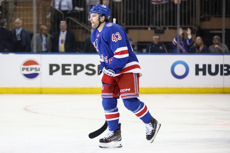 Mar 23, 2026; New York, New York, USA;  New York Rangers left wing Conor Sheary (43) skates to the bench after scoring a goal in the third period against the Ottawa Senators at Madison Square Garden. Mandatory Credit: Wendell Cruz-Imagn Images