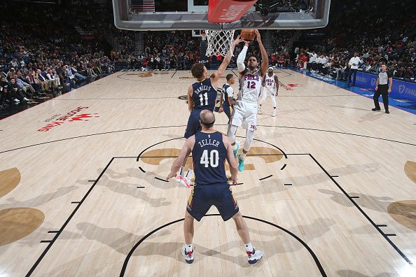 NEW ORLEANS, LA - NOVEMBER 29: Tobias Harris #12 of the Philadelphia 76ers shoots the ball during the game against the New Orleans Pelicans on November 29, 2023 at the Smoothie King Center in New Orleans, Louisiana. NOTE TO USER: User expressly acknowledges and agrees that, by downloading and or using this Photograph, user is consenting to the terms and conditions of the Getty Images License Agreement. Mandatory Copyright Notice: Copyright 2023 NBAE (Photo by Layne Murdoch Jr./NBAE via Getty Images)