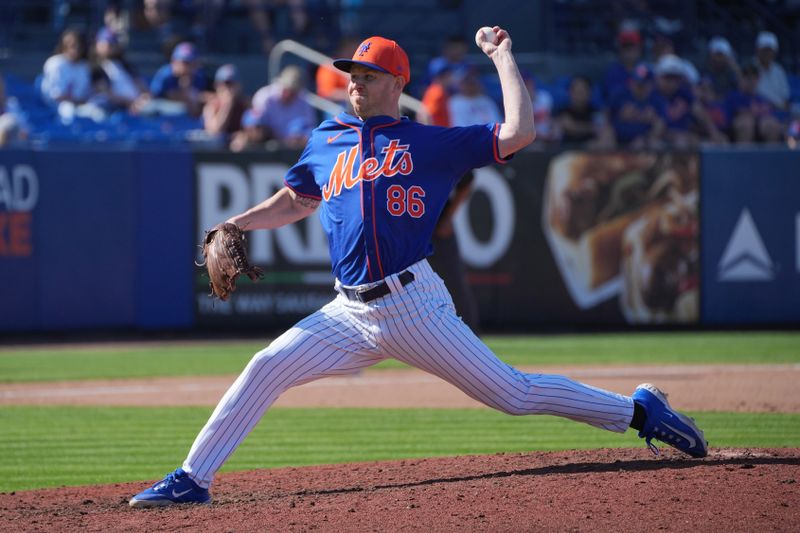 Feb 25, 2024; Port St. Lucie, Florida, USA;  New York Mets pitcher Tyler Jay pitches against the Houston Astros in the seventh inning against the Houston Astros at Clover Park. Mandatory Credit: Jim Rassol-USA TODAY Sports