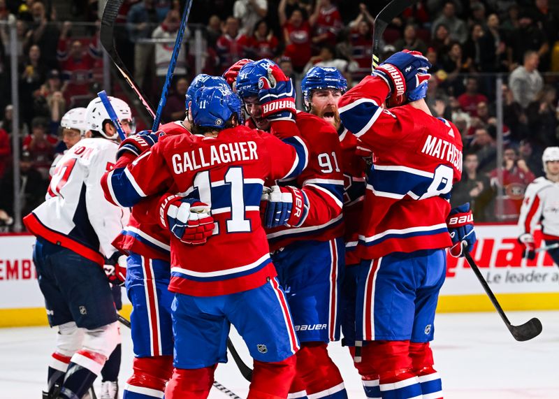 Oct 21, 2023; Montreal, Quebec, CAN; Montreal Canadiens right wing Brendan Gallagher (11) celebrates his goal against the Washington Capitals with his teammates during the second period at Bell Centre. Mandatory Credit: David Kirouac-USA TODAY Sports