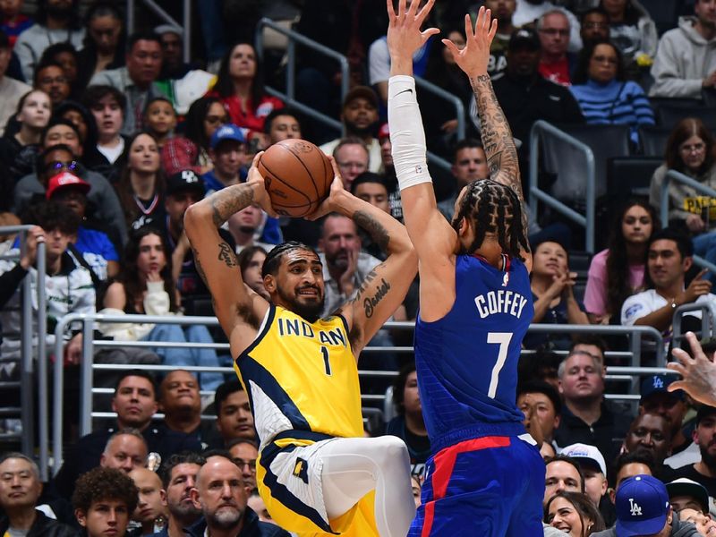 LOS ANGELES, CA - MARCH 25: Obi Toppin #1 of the Indiana Pacers looks to pass the ball during the game against the LA Clippers on March 25, 2024 at Crypto.Com Arena in Los Angeles, California. NOTE TO USER: User expressly acknowledges and agrees that, by downloading and/or using this Photograph, user is consenting to the terms and conditions of the Getty Images License Agreement. Mandatory Copyright Notice: Copyright 2024 NBAE (Photo by Adam Pantozzi/NBAE via Getty Images)