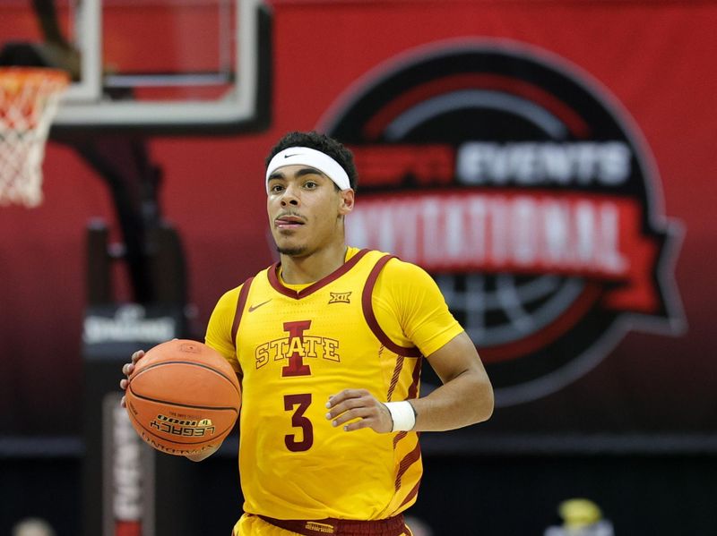 Nov 24, 2023; Kissimmee, FL, USA; Iowa State Cyclones guard Tamin Lipsey (3) controls the ball against the Virginia Tech Hokies in the second half  during the ESPN Events Invitational Semifinal at State Farm Field House. Mandatory Credit: Nathan Ray Seebeck-USA TODAY Sports