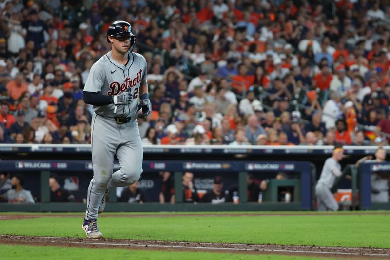 Oct 2, 2024; Houston, Texas, USA; Detroit Tigers first base Spencer Torkelson (20) walks to load the bases against the Houston Astros during the eighth inning of game two of the Wildcard round for the 2024 MLB Playoffs at Minute Maid Park. Mandatory Credit: Thomas Shea-Imagn Images