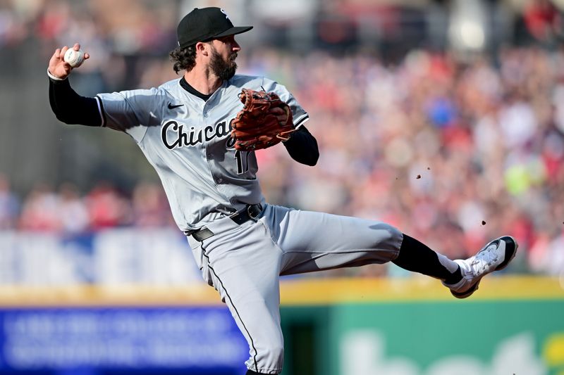 Apr 8, 2024; Cleveland, Ohio, USA; Chicago White Sox shortstop Braden Shewmake (17) throws to first base during the third inning against the Cleveland Guardians at Progressive Field. Mandatory Credit: David Dermer-USA TODAY Sports