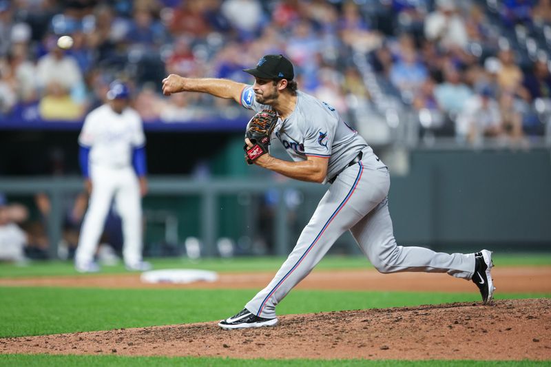 Jun 24, 2024; Kansas City, Missouri, USA; Miami Marlins pitcher JT Chargois (84) throws during the eighth inning against the Kansas City Royals at Kauffman Stadium. Mandatory Credit: William Purnell-USA TODAY Sports