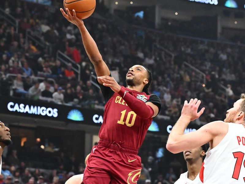 CLEVELAND, OHIO - JANUARY 09: Darius Garland #10 of the Cleveland Cavaliers shoots during the first quarter against the Toronto Raptors at Rocket Mortgage Fieldhouse on January 09, 2025 in Cleveland, Ohio. NOTE TO USER: User expressly acknowledges and agrees that, by downloading and or using this photograph, User is consenting to the terms and conditions of the Getty Images License Agreement. (Photo by Jason Miller/Getty Images)