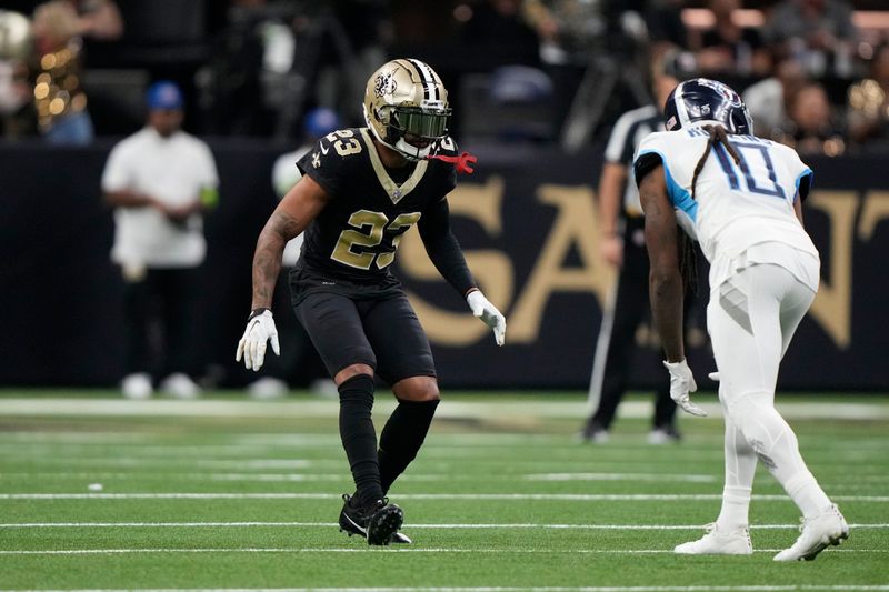 New Orleans Saints cornerback Marshon Lattimore (23) lines up for a play in the first half of an NFL football game against the Tennessee Titans in New Orleans, Sunday, Sept. 10, 2023. (AP Photo/Gerald Herbert)