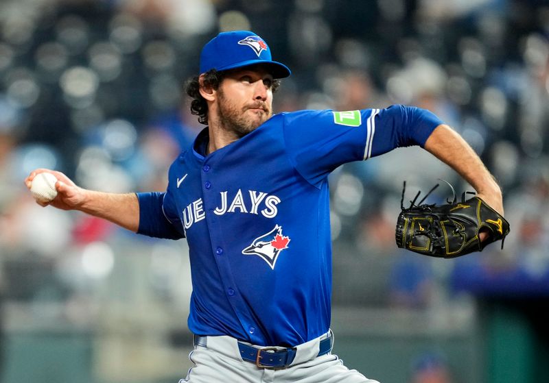 Apr 22, 2024; Kansas City, Missouri, USA; Toronto Blue Jays relief pitcher Jordan Romano (68) pitches during the ninth inning against the Kansas City Royals at Kauffman Stadium. Mandatory Credit: Jay Biggerstaff-USA TODAY Sports