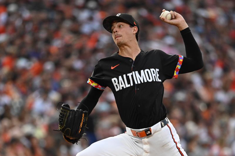 Jun 29, 2024; Baltimore, Maryland, USA; Baltimore Orioles pitcher Cade Povich (37) throws a second inning pitch against the Texas Rangers  at Oriole Park at Camden Yards. Mandatory Credit: Tommy Gilligan-USA TODAY Sports