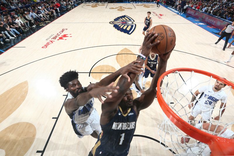 NEW ORLEANS, LA - APRIL 3:  Zion Williamson #1 of the New Orleans Pelicans dunks the ball during the game against the Orlando Magic on April 3, 2024 at the Smoothie King Center in New Orleans, Louisiana. NOTE TO USER: User expressly acknowledges and agrees that, by downloading and or using this Photograph, user is consenting to the terms and conditions of the Getty Images License Agreement. Mandatory Copyright Notice: Copyright 2024 NBAE (Photo by Layne Murdoch Jr./NBAE via Getty Images)