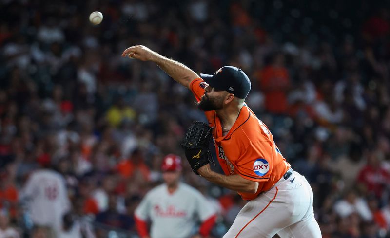 Apr 30, 2023; Houston, Texas, USA; Houston Astros starting pitcher Jose Urquidy (65) delivers a pitch during the first inning against the Philadelphia Phillies at Minute Maid Park. Mandatory Credit: Troy Taormina-USA TODAY Sports