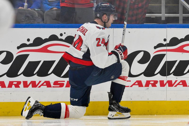 Nov 9, 2024; St. Louis, Missouri, USA;  Washington Capitals center Connor McMichael (24) reacts after scoring against the St. Louis Blues during the first period at Enterprise Center. Mandatory Credit: Jeff Curry-Imagn Images