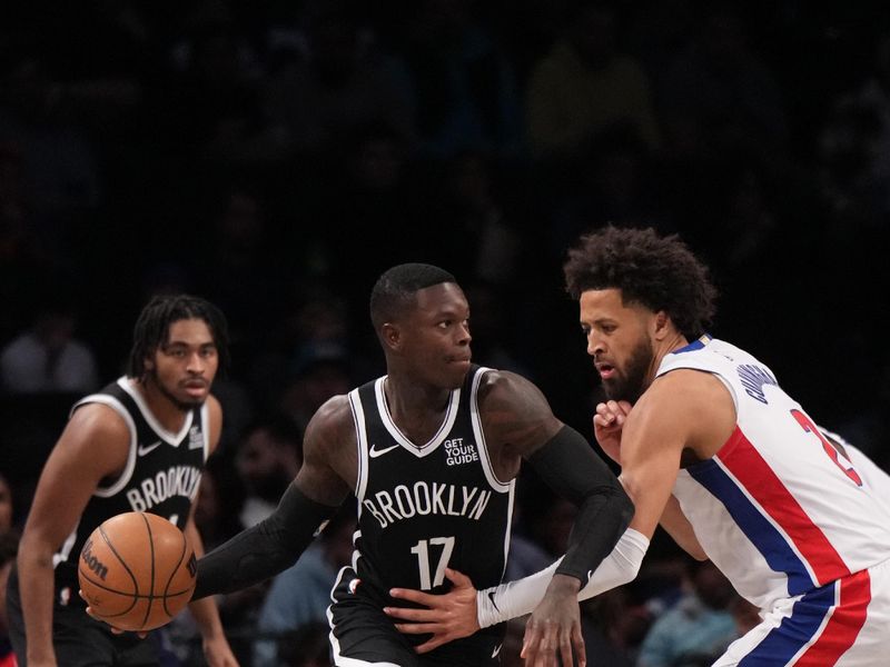 BROOKLYN, NY - NOVEMBER 3: Dennis Schroder #17 of the Brooklyn Nets handles the ball during the game against the Detroit Pistons on November 3, 2024 at Barclays Center in Brooklyn, New York. NOTE TO USER: User expressly acknowledges and agrees that, by downloading and or using this Photograph, user is consenting to the terms and conditions of the Getty Images License Agreement. Mandatory Copyright Notice: Copyright 2024 NBAE (Photo by Jesse D. Garrabrant/NBAE via Getty Images)