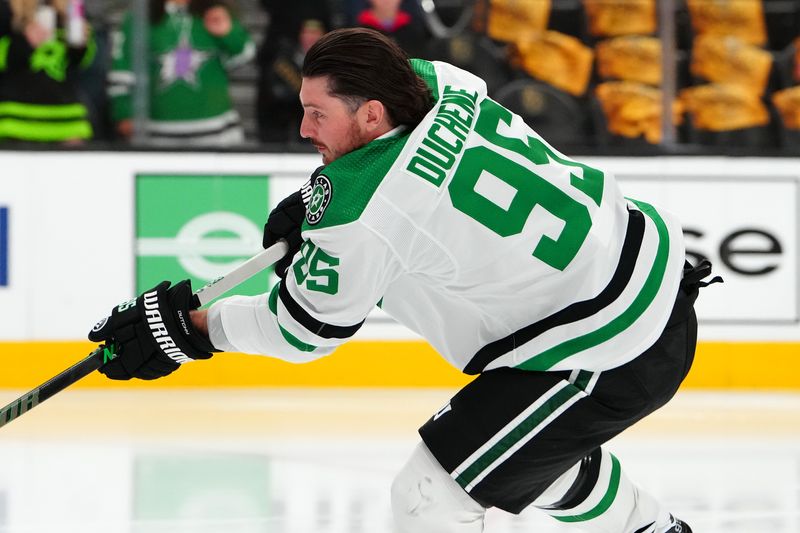 Apr 29, 2024; Las Vegas, Nevada, USA; Dallas Stars center Matt Duchene (95) warms up before the start of game four against the Vegas Golden Knights in the first round of the 2024 Stanley Cup Playoffs at T-Mobile Arena. Mandatory Credit: Stephen R. Sylvanie-USA TODAY Sports