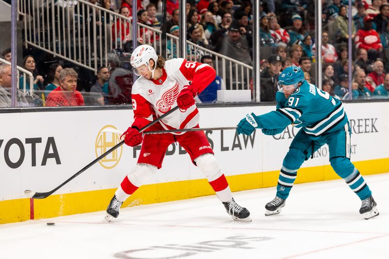 Nov 18, 2024; San Jose, California, USA; Detroit Red Wings defenseman Moritz Seider (53) controls the puck during the second period against the San Jose Sharks at SAP Center at San Jose. Mandatory Credit: Bob Kupbens-Imagn Images