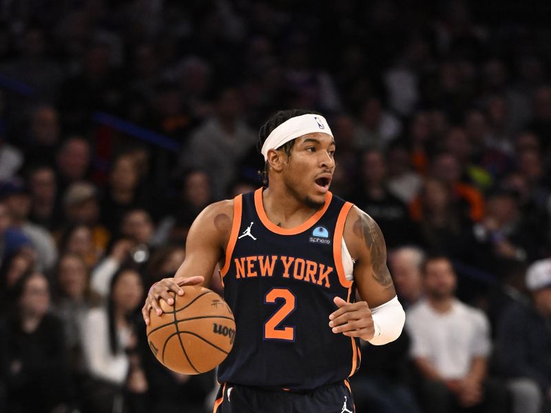 NEW YORK, NY - FEBRUARY 6: Miles McBride #2 of the New York Knicks dribbles the ball during the game against the Memphis Grizzlies on February 6, 2024 at Madison Square Garden in New York City, New York.  NOTE TO USER: User expressly acknowledges and agrees that, by downloading and or using this photograph, User is consenting to the terms and conditions of the Getty Images License Agreement. Mandatory Copyright Notice: Copyright 2024 NBAE  (Photo by David Dow/NBAE via Getty Images)