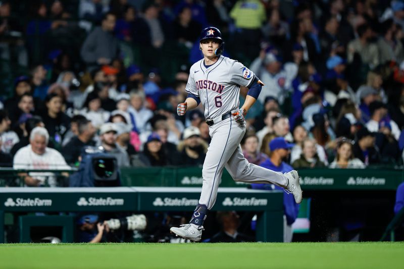 Apr 23, 2024; Chicago, Illinois, USA; Houston Astros outfielder Jake Meyers (6) rounds the bases after hitting a solo home run against the Chicago Cubs during the fifth inning at Wrigley Field. Mandatory Credit: Kamil Krzaczynski-USA TODAY Sports