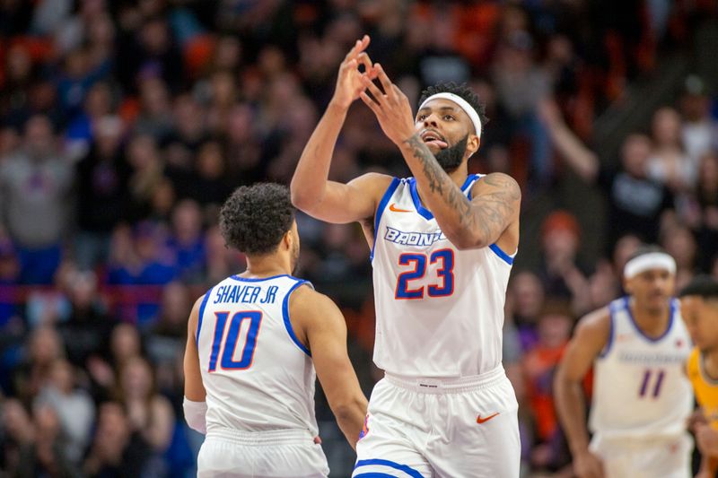 Feb 11, 2023; Boise, Idaho, USA; Boise State Broncos forward Naje Smith (23) reacts to a three point basket during the first half against the Wyoming Cowboys at ExtraMile Arena. Mandatory Credit: Brian Losness-USA TODAY Sports

