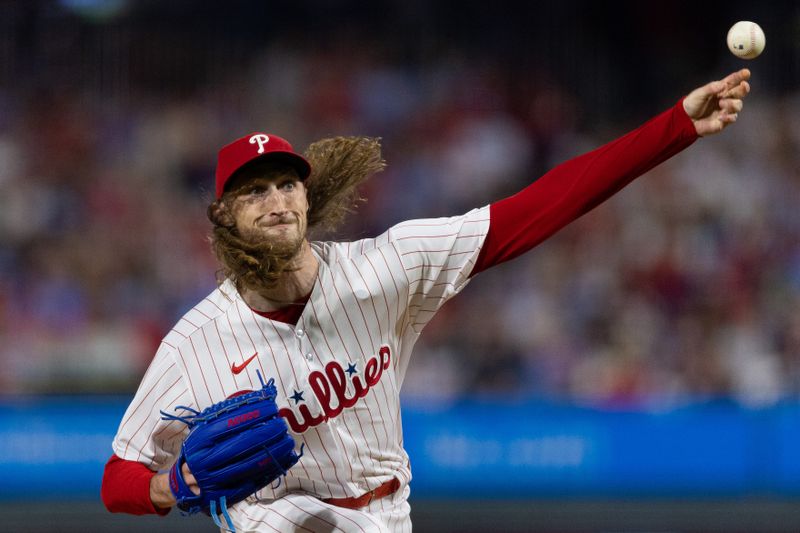 Jun 9, 2023; Philadelphia, Pennsylvania, USA; Philadelphia Phillies starting pitcher Matt Strahm (25) throws a pitch against the Los Angeles Dodgers during the seventh inning at Citizens Bank Park. Mandatory Credit: Bill Streicher-USA TODAY Sports