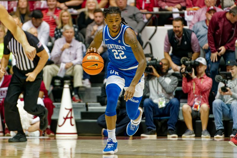 Jan 7, 2023; Tuscaloosa, Alabama, USA; Kentucky Wildcats guard Cason Wallace (22) brings the ball down court against Alabama Crimson Tide during first half at Coleman Coliseum. Mandatory Credit: Marvin Gentry-USA TODAY Sports