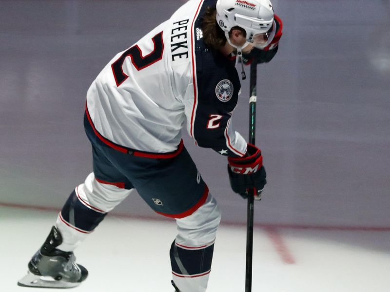 Mar 5, 2024; Pittsburgh, Pennsylvania, USA;  Columbus Blue Jackets defenseman Andrew Peeke (2) takes the ice to warm up before the game against the Pittsburgh Penguins at PPG Paints Arena. Mandatory Credit: Charles LeClaire-USA TODAY Sports